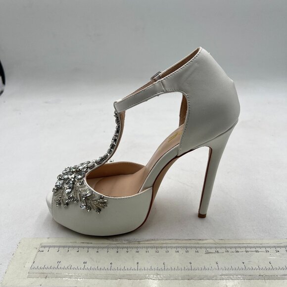 FSJ White Crystal T Strap High Heel Bridal Wedding Open Toe Rhinestones Sandals - Picture 2 of 8